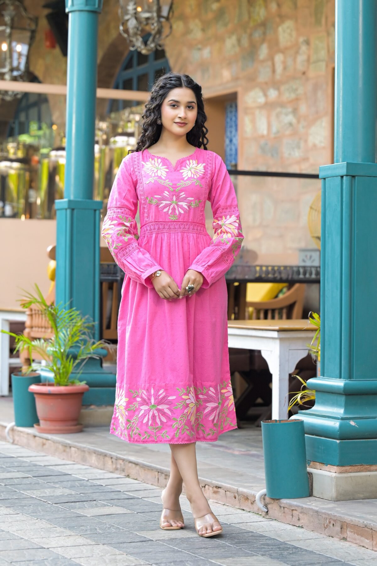 Blush Bloom Pink Floral Embroidered Midi Dress