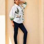White & Green Printed Cotton Collar Neck Top