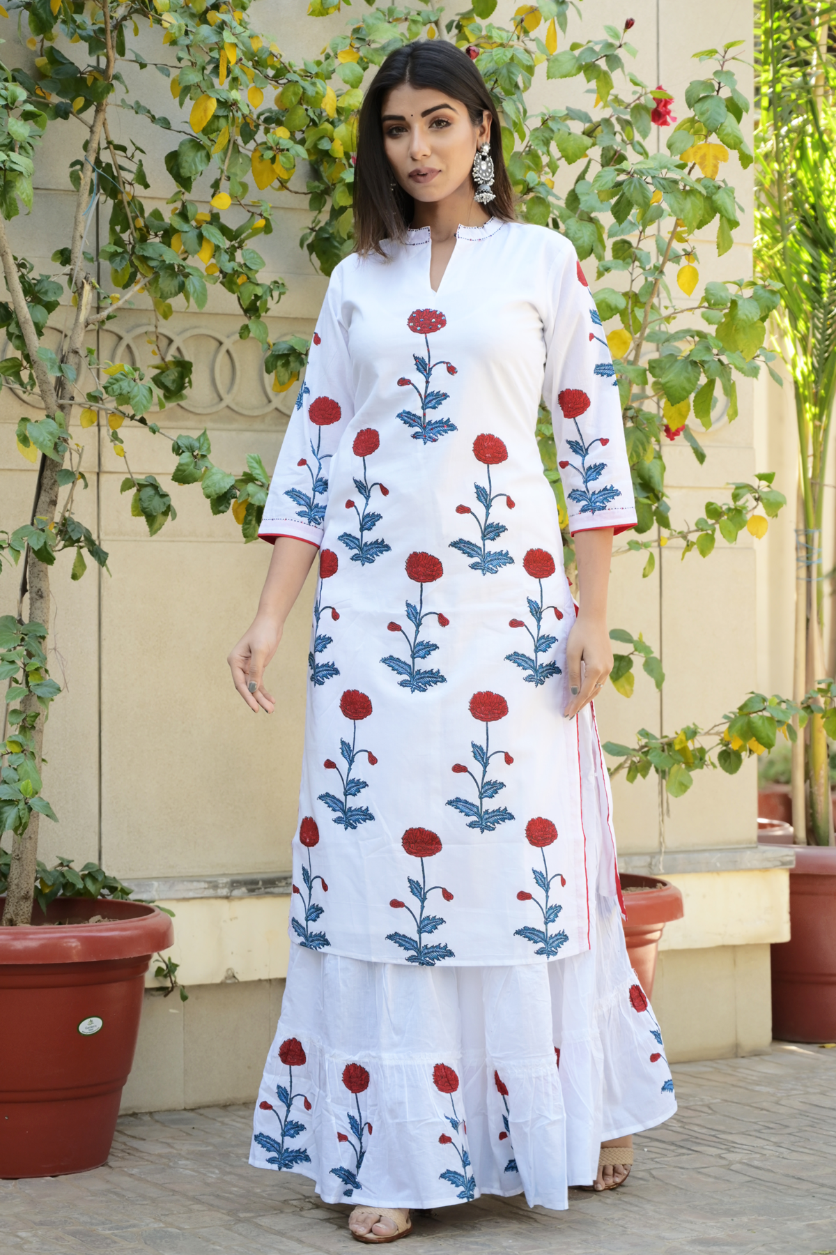 White Handblock Palazzo Set