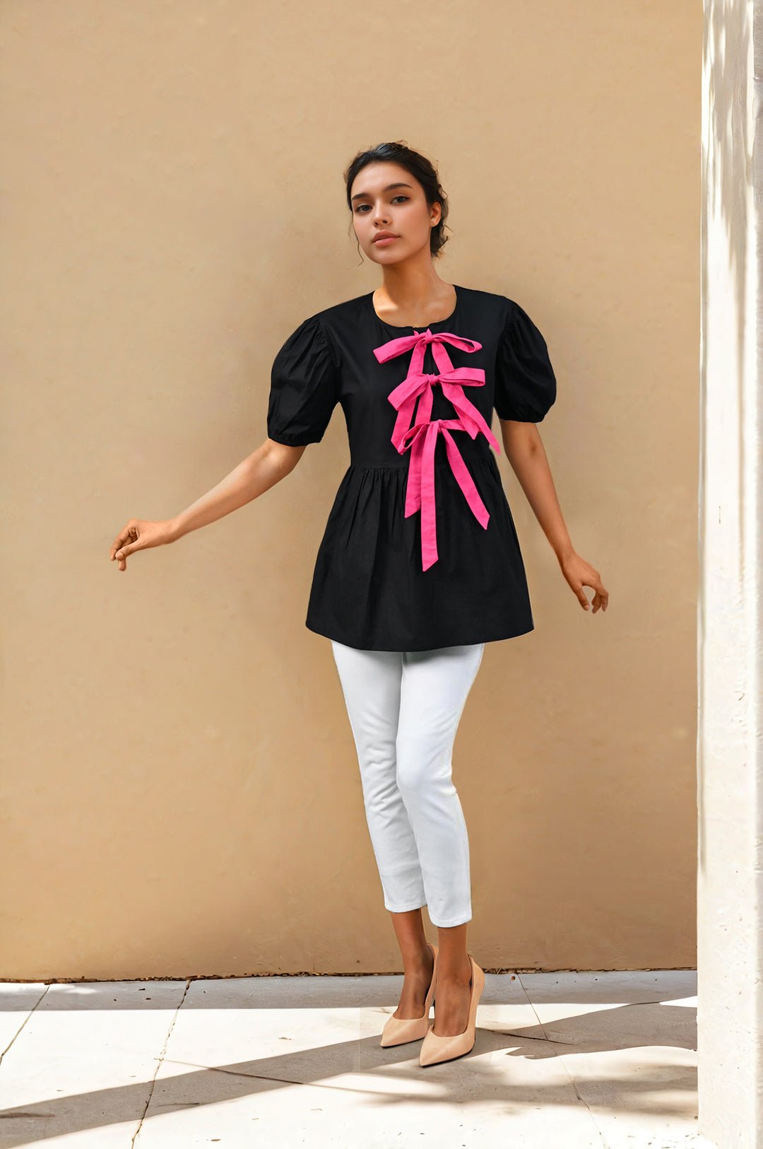 Midnight Bow-Detail Cotton Top