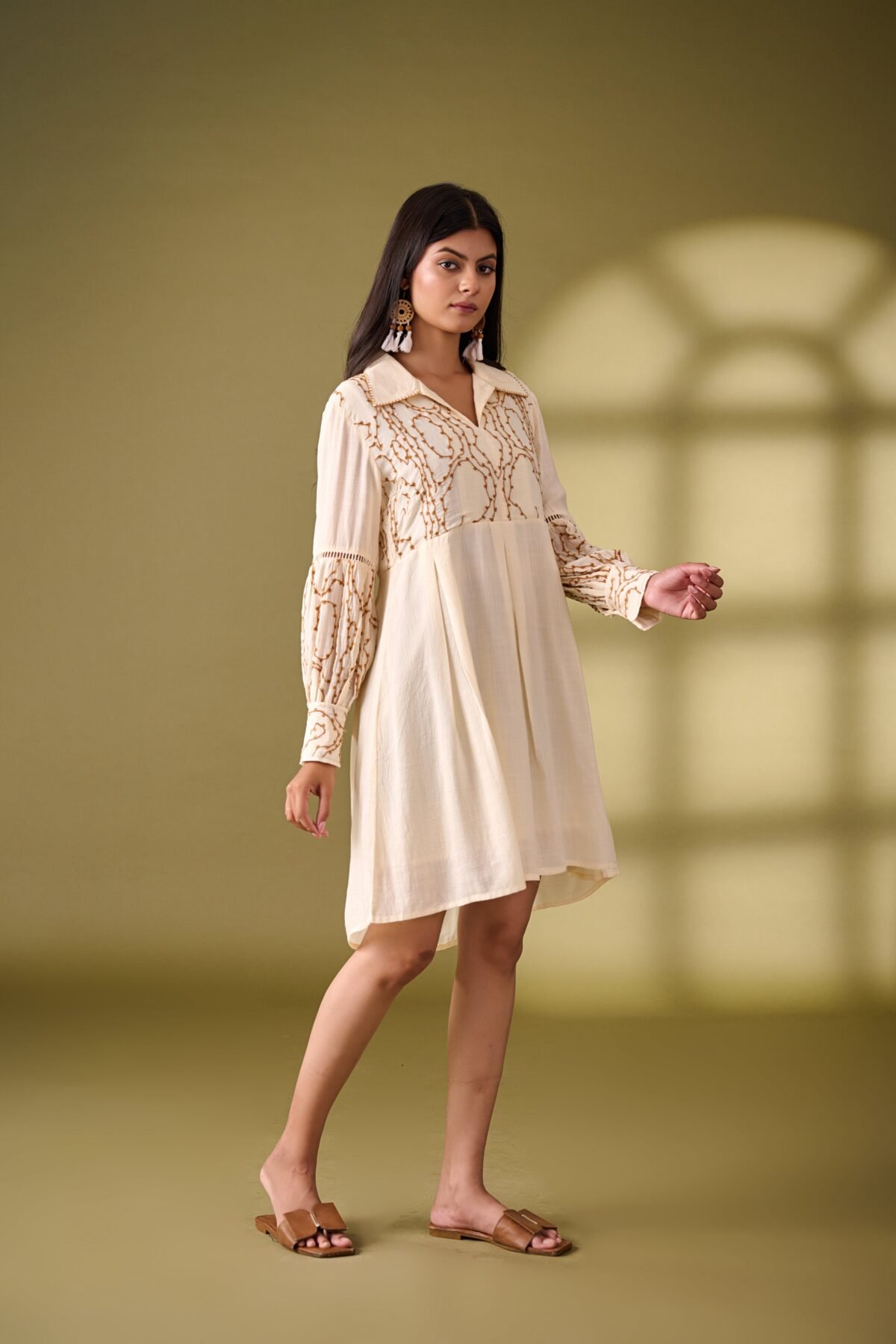 Beige Fit and Flare Cotton Dress