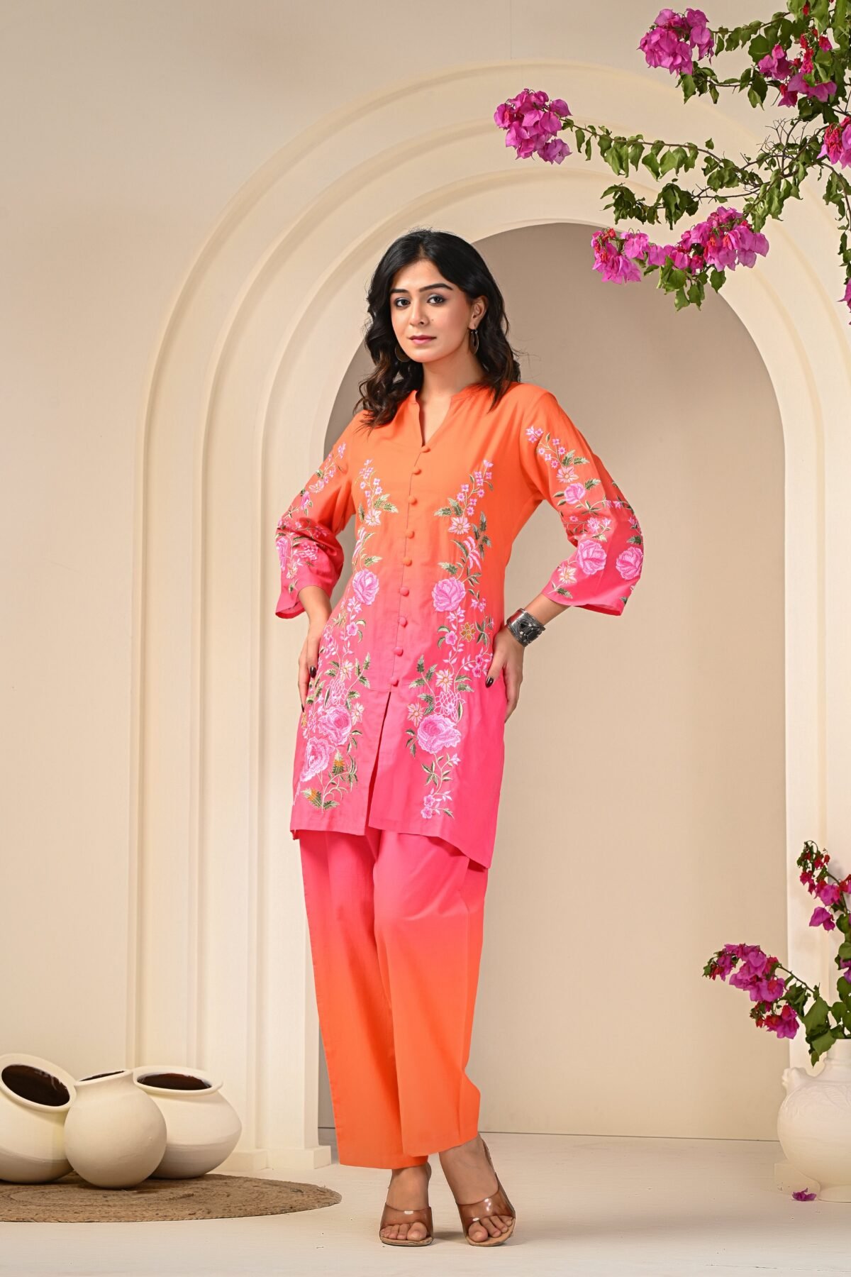 Pink Orange Ombre Embroidered Co-ord Set