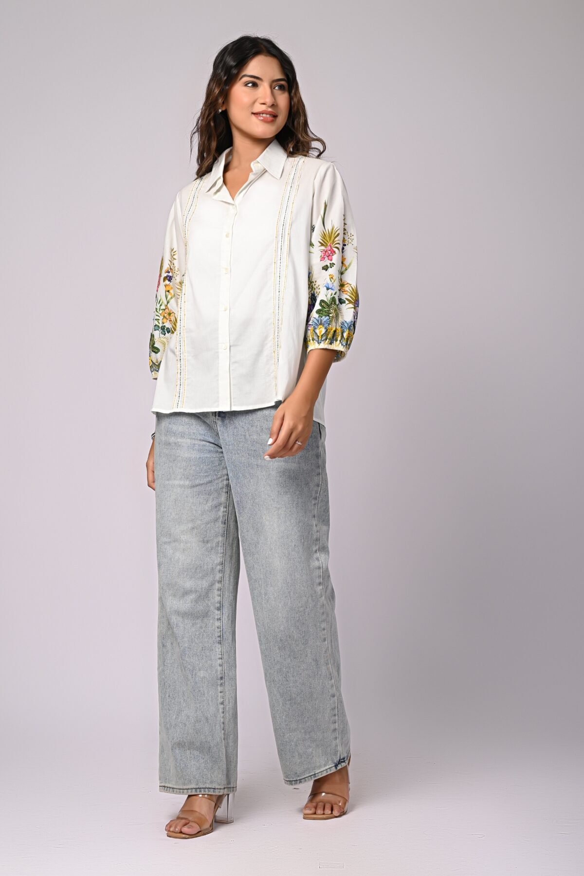 White Cotton Shirt with Multicolor Embroidered Balloon Sleeves