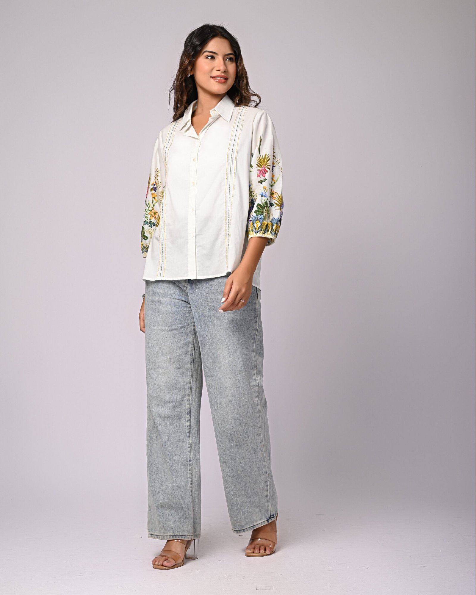 White Cotton Shirt with Multicolor Embroidered Balloon Sleeves