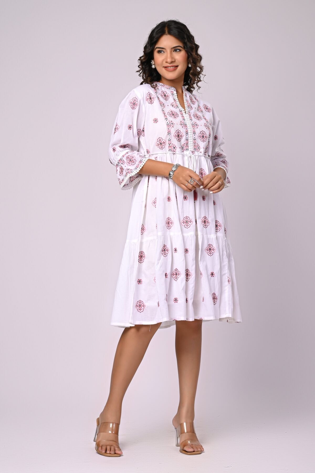 Breezy White Midi Dress with Thread Embroidery