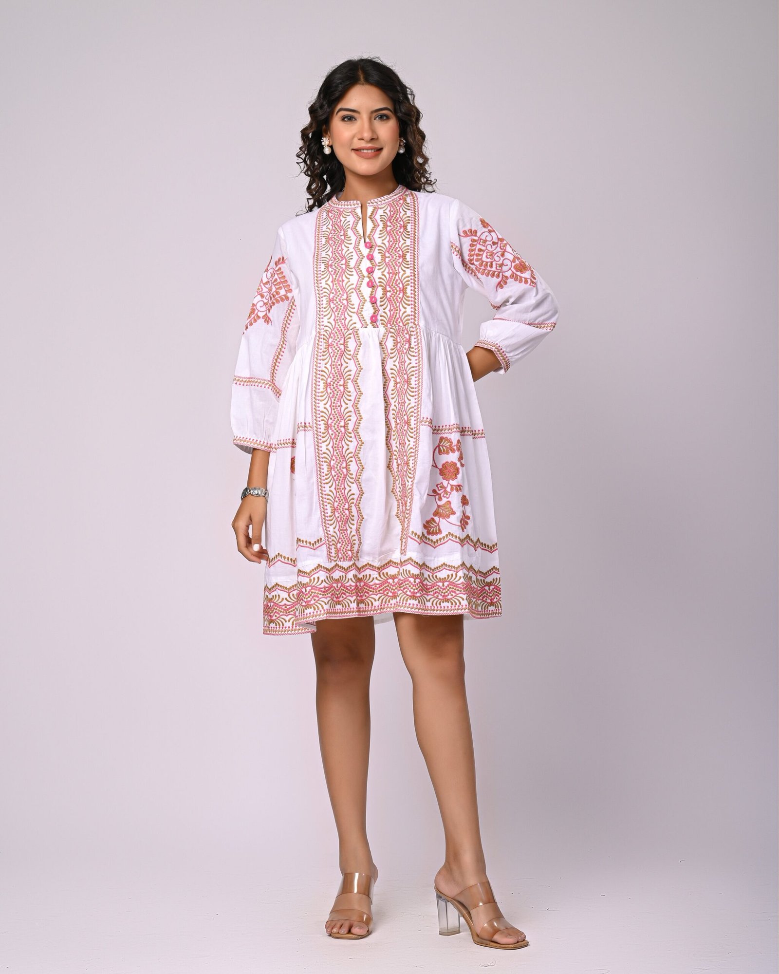 Elegant White Flared Mini Dress with Rust Threadwork