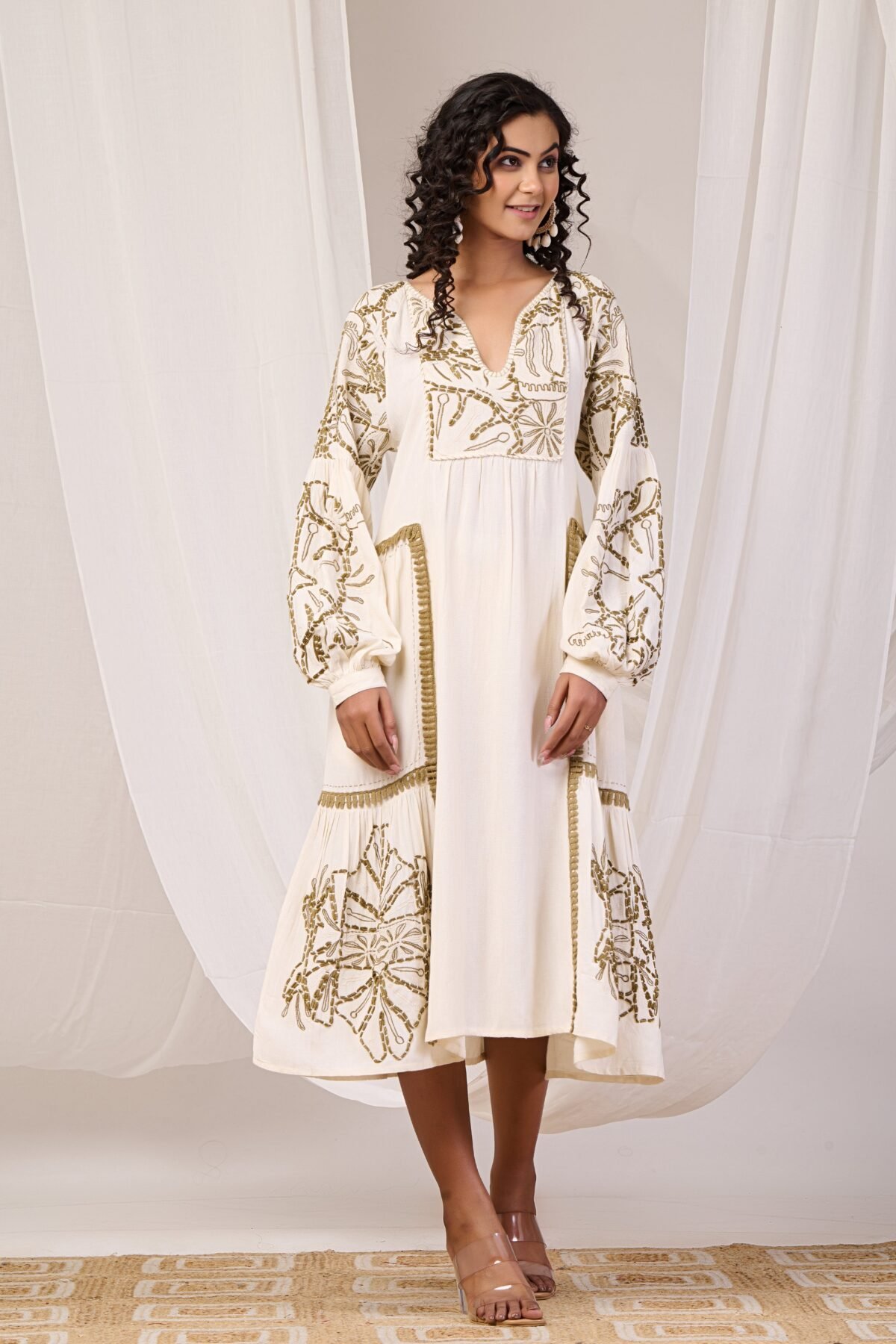 Ikigai Off White Cotton Midi Dress