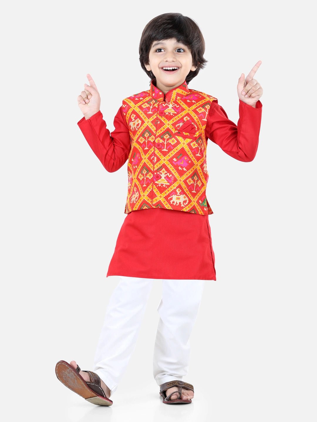 Fast Wear Patan Patola Jacket With Full Sleeves Kurta Pajama Sets Red