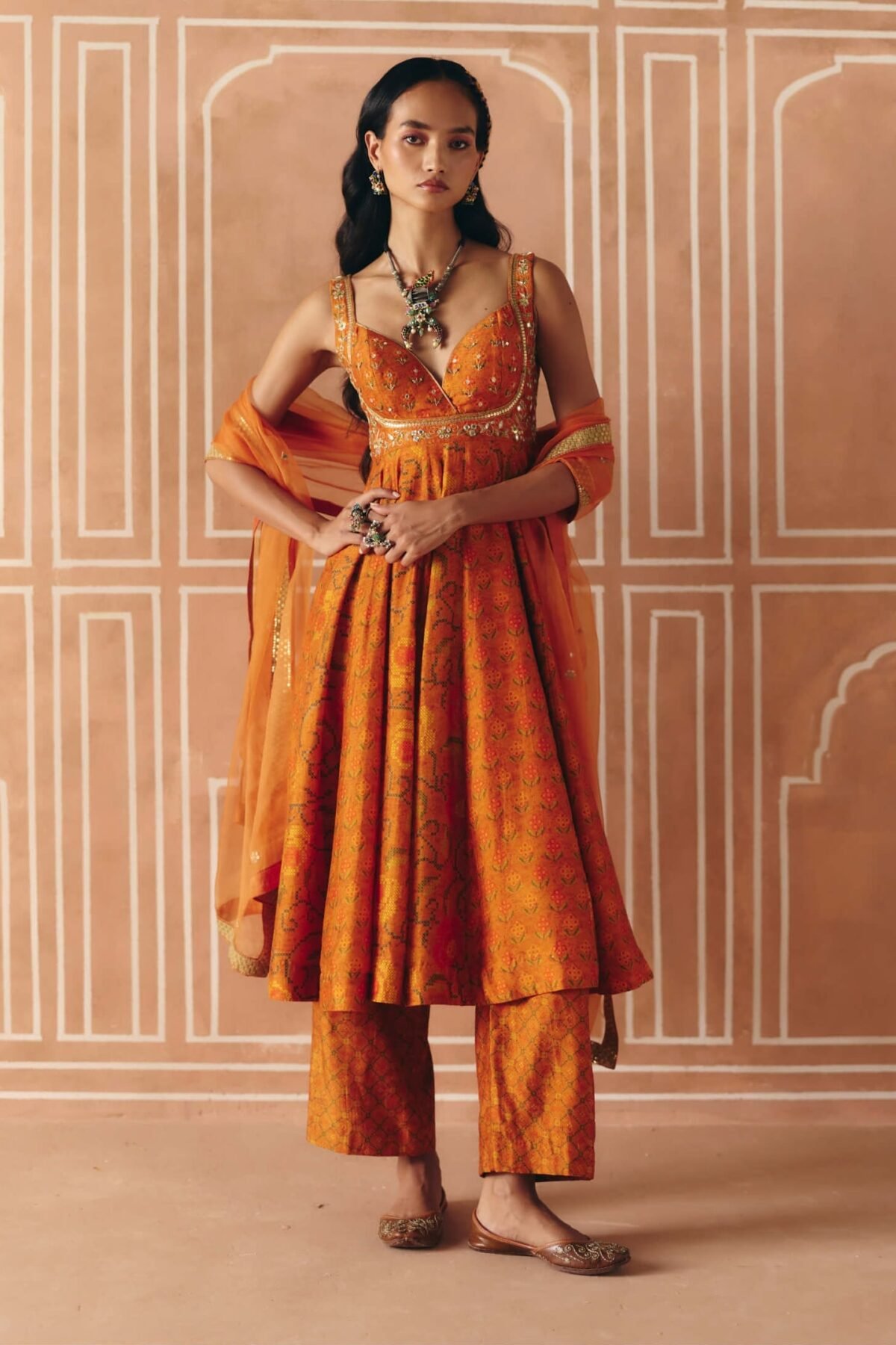 Burnt orange printed anarkali set