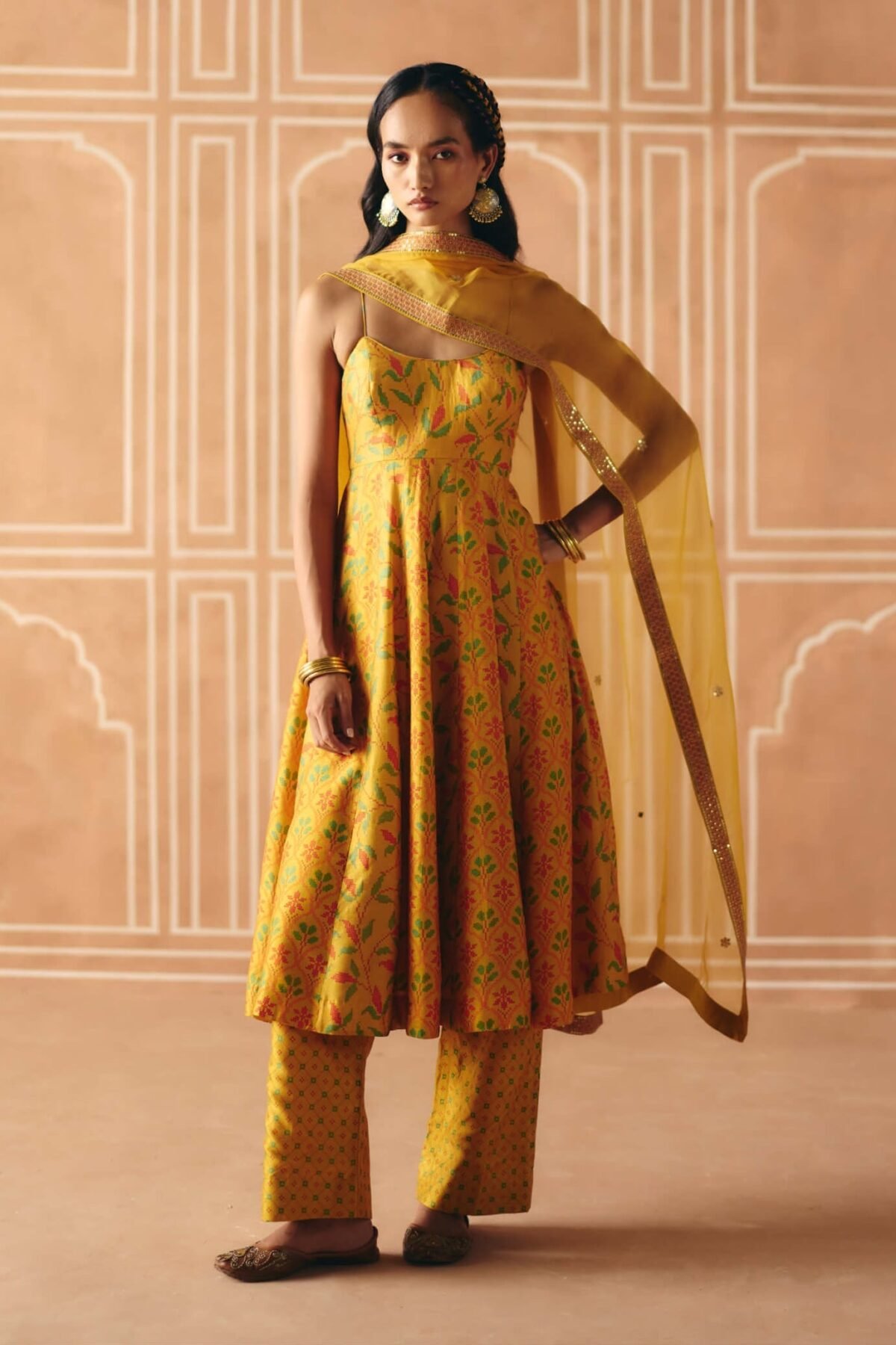 Marigold yellow printed anarkali set