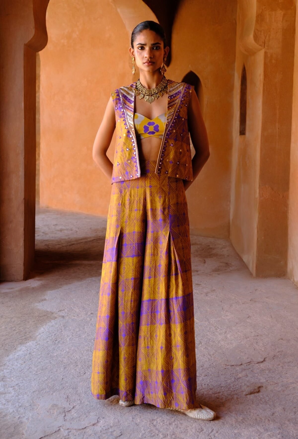 Navya yellow printed jacket and flared pant set