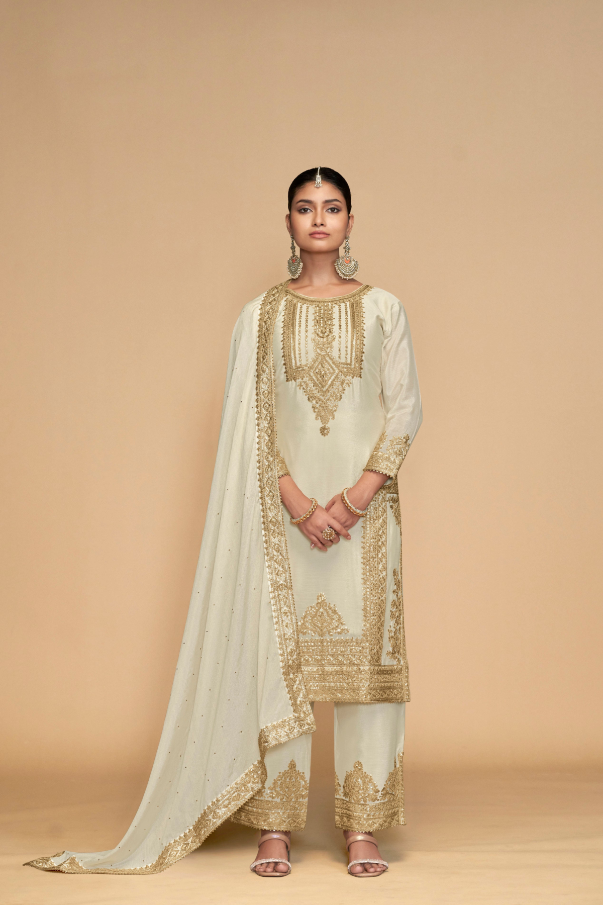 Off-White Salwar Kameez With Embroidery Work For Evening Wear