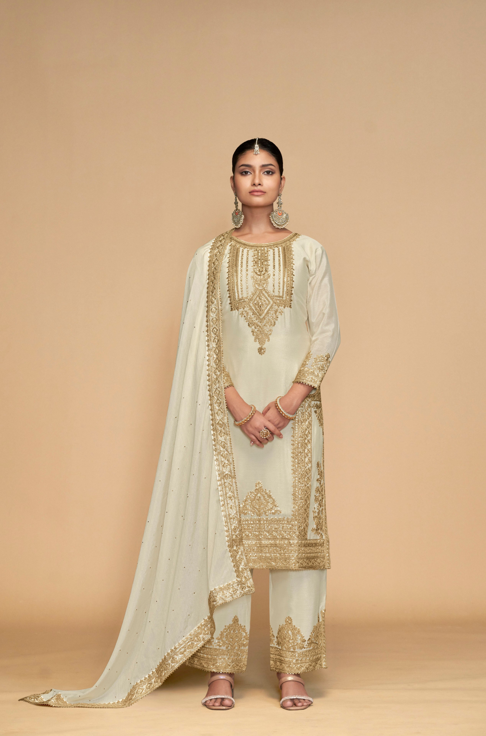 Off-White Salwar Kameez With Embroidery Work For Evening Wear