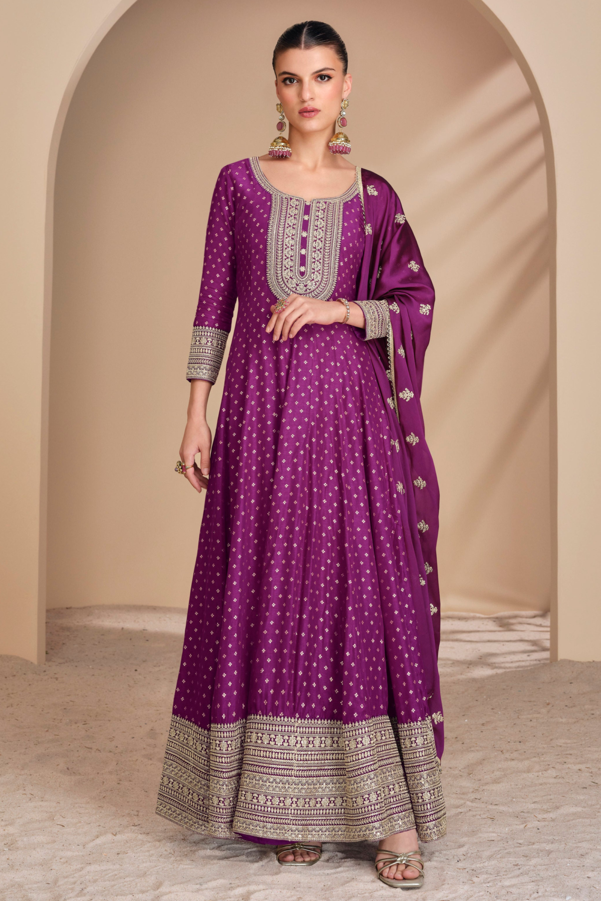 Wine Anarkali Gown Reception Party Wear Dupatta Suits