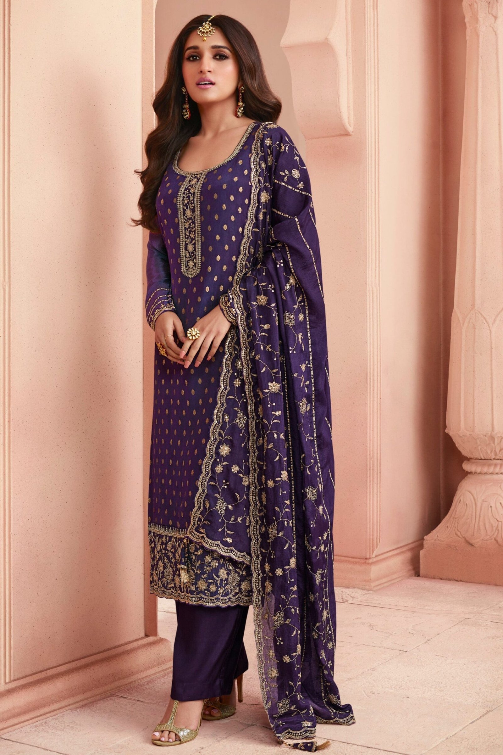 Purple Women Salwar Kurta in Elegant Jacquard Style