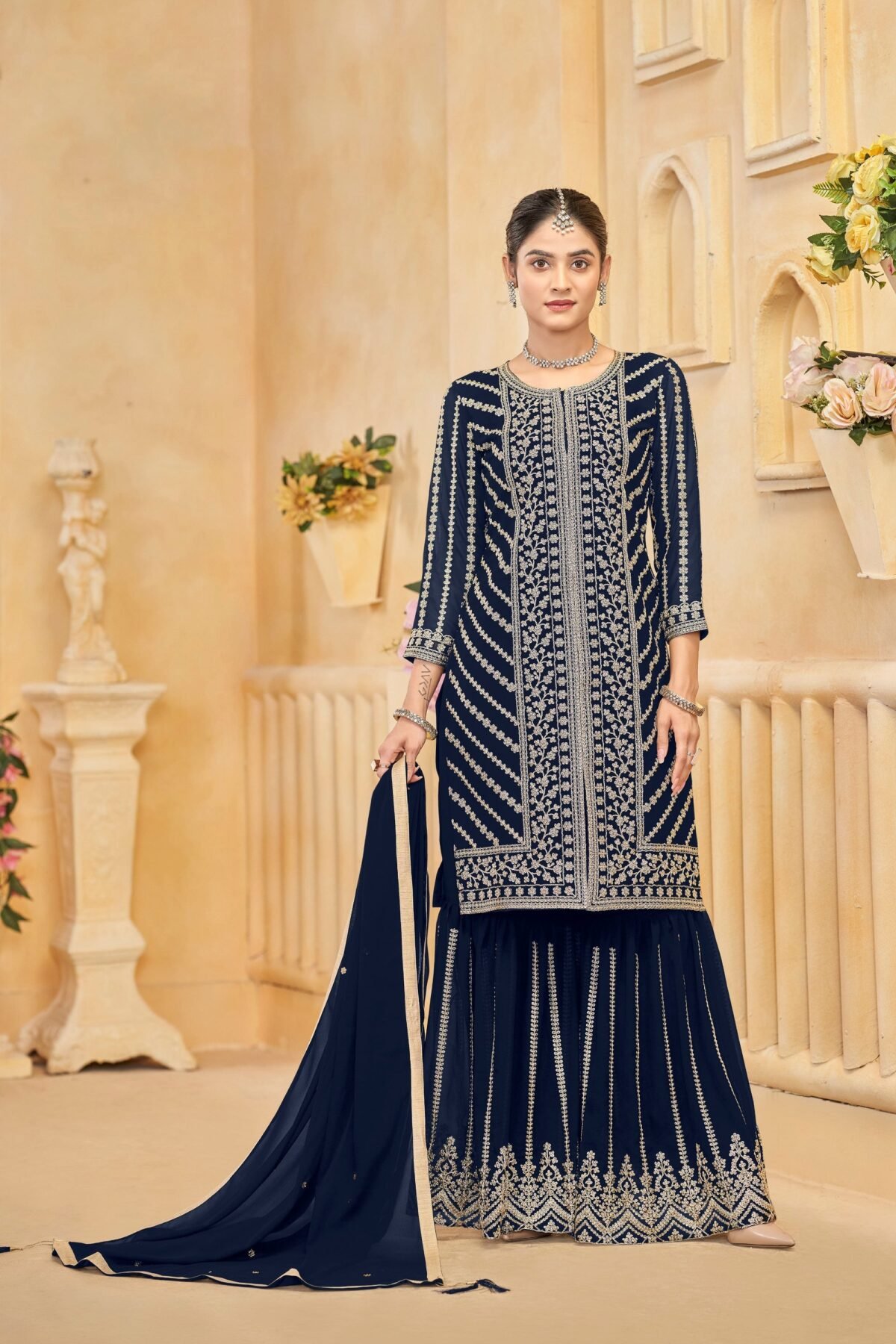 Embroidered Blue Sharara Kurta For Wedding Guests