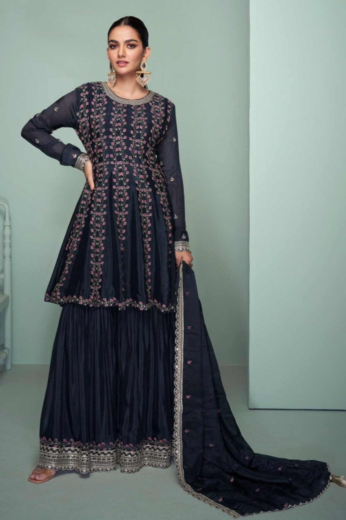 Eid Party Dark Blue Sharara With Embroidered Kurti