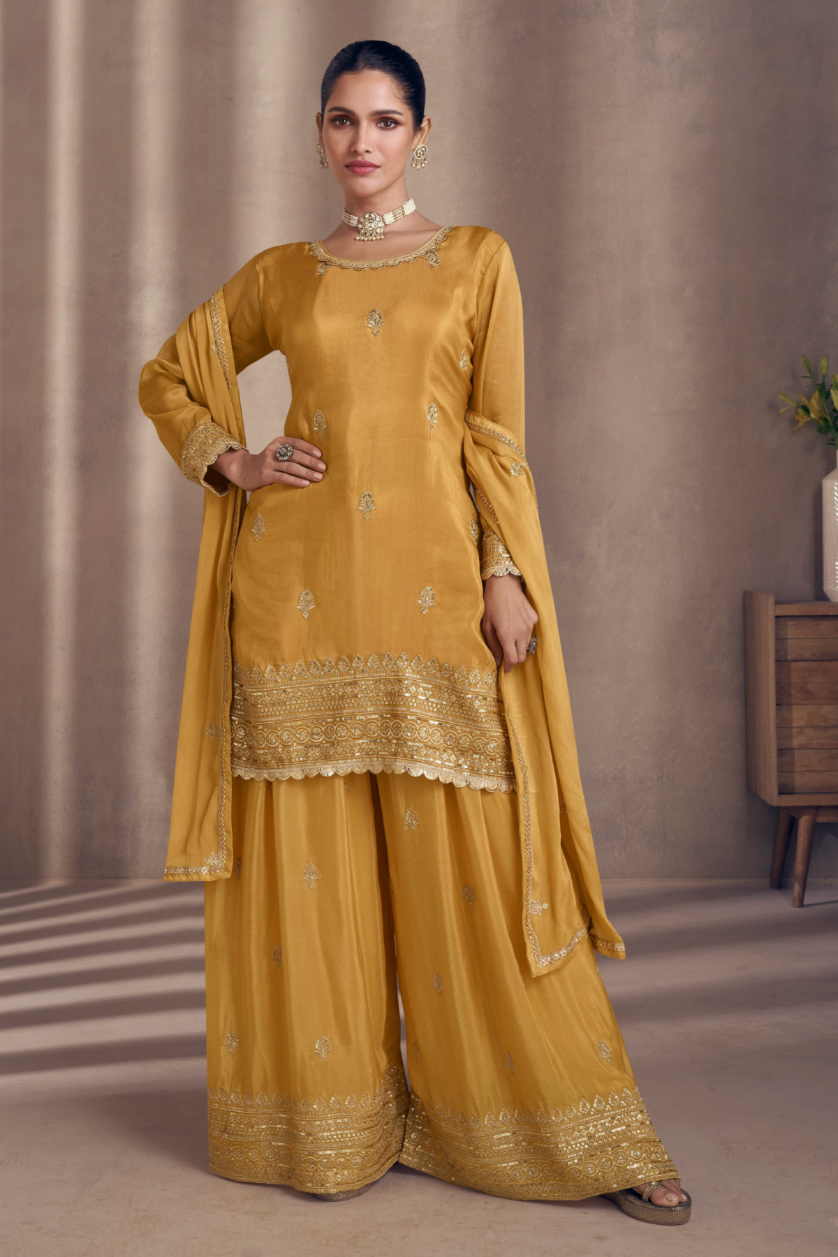 Mustard Yellow Sharara Suit With Embroidered Elegance