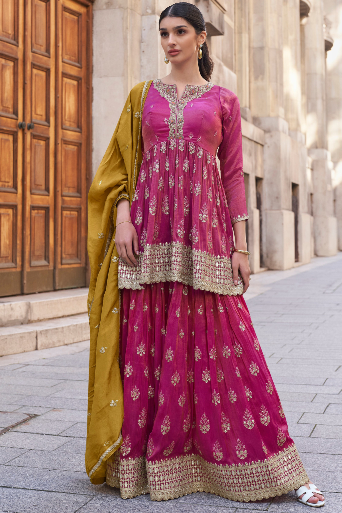 Chinon Silk Pink Sharara For Women With Dupatta