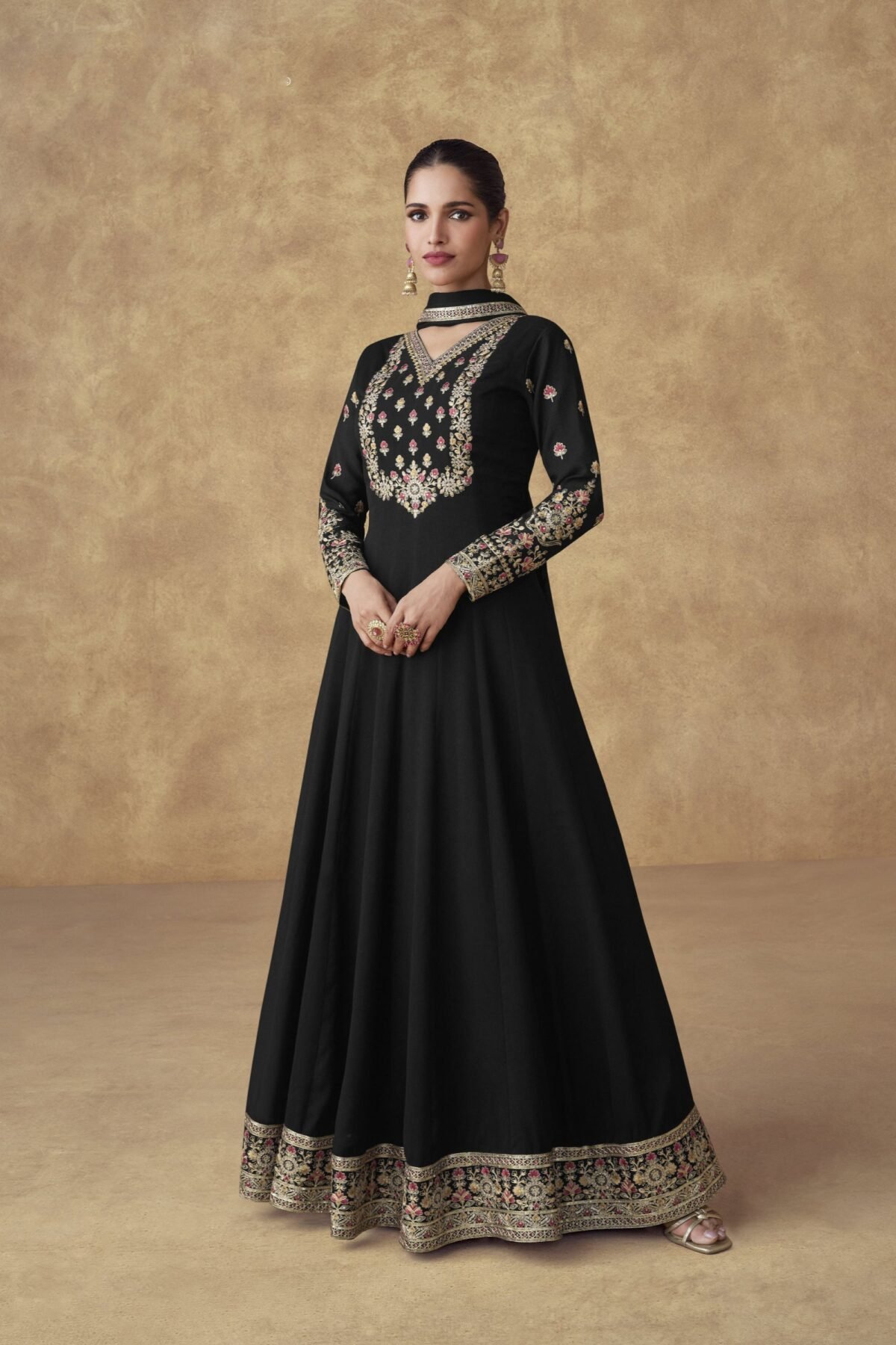 Black Anarkali Gown Embroidery Work Stitched Dupatta Dress