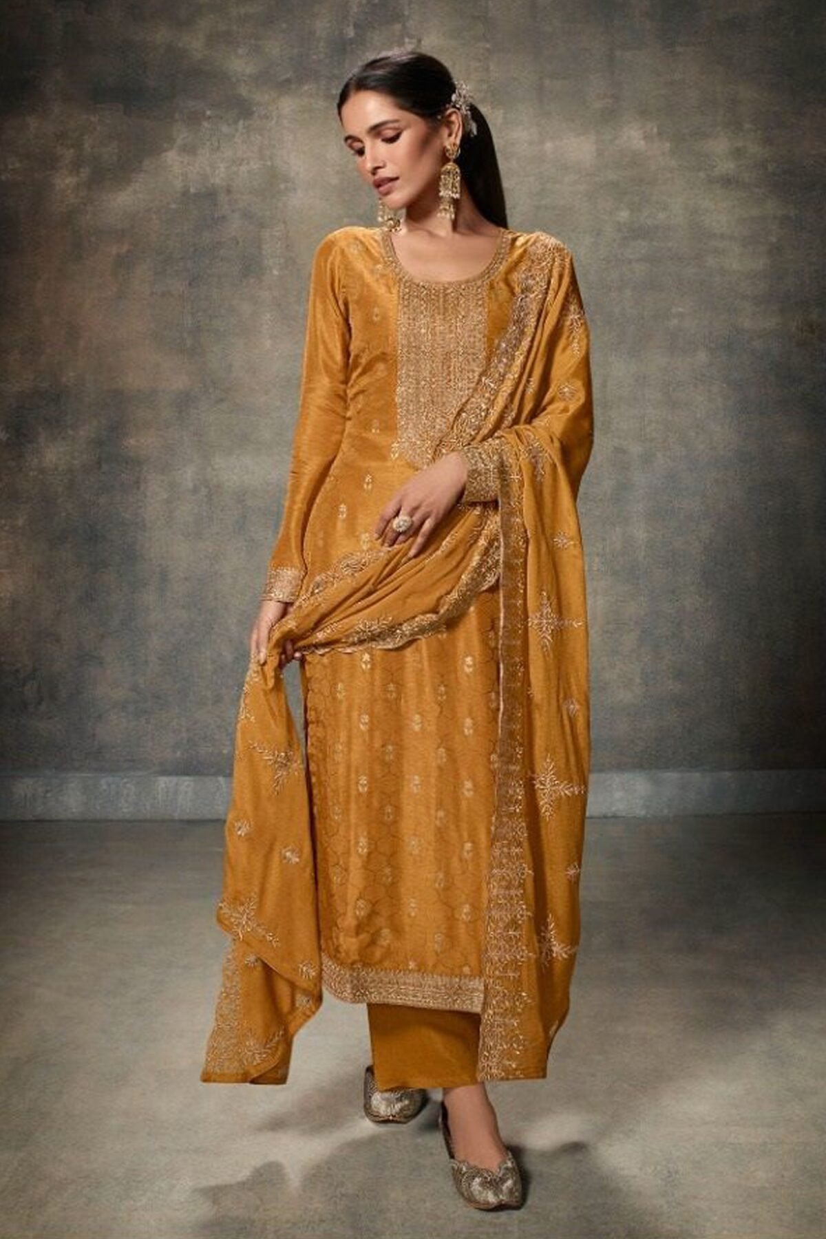 Golden Yellow Silk Embroidered Kameez with Pant for  Wedding