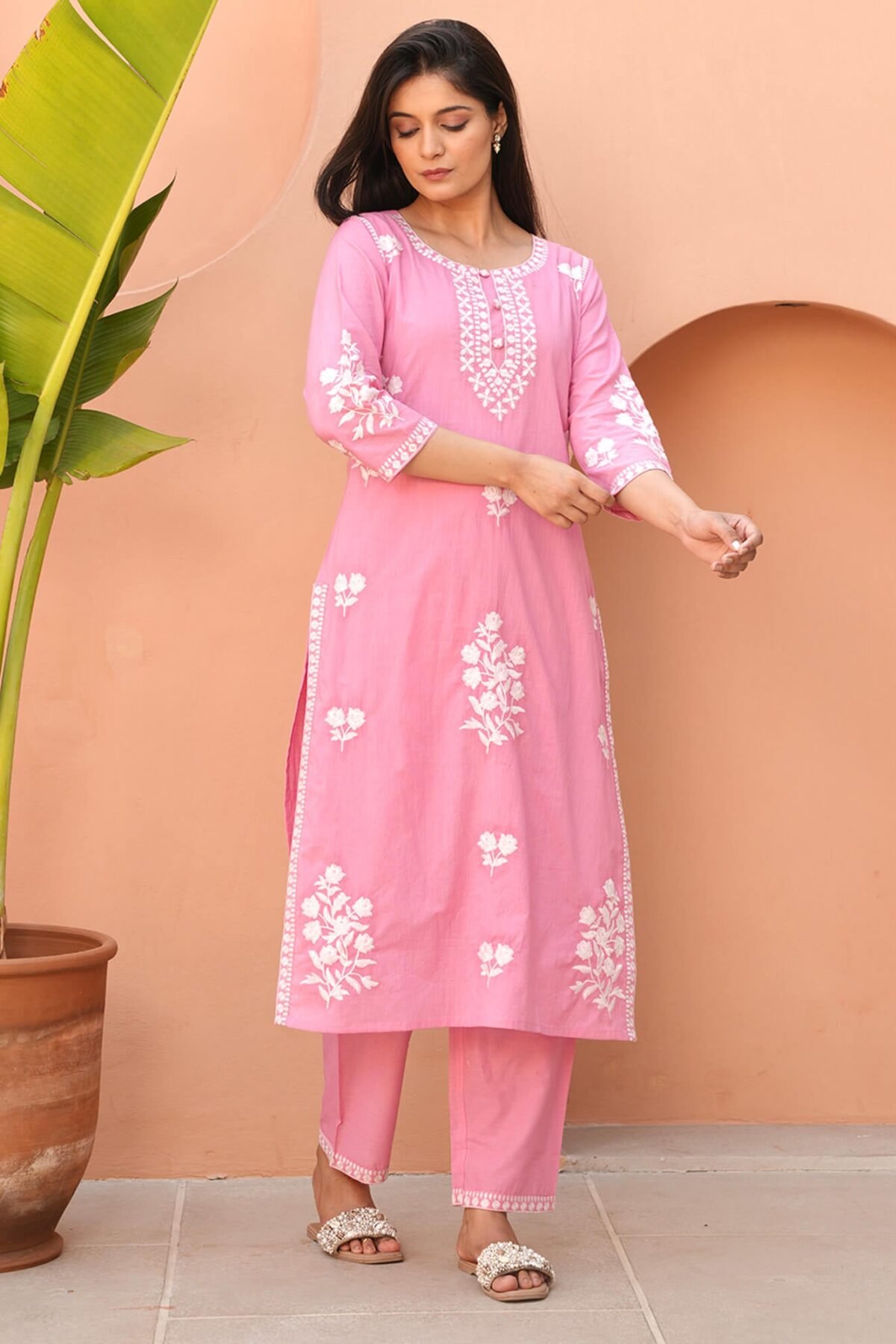 Orchid Pink Embroidered Cotton Kurta Set