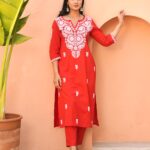 Red & White Embroidered Cotton Kurta Set