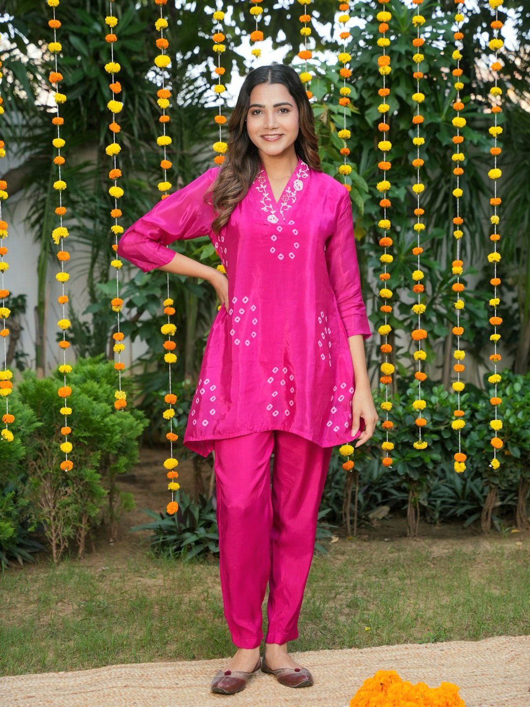 Pink Handwork And Bandhej Work Co-Ord Set
