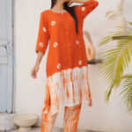 Orange Shantung Silk Co-Ord Set With Bandhej & Tie Dye