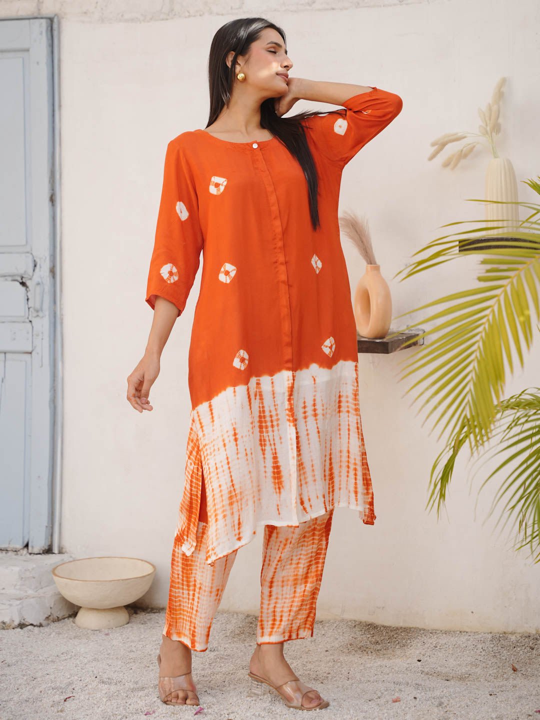 Orange Shantung Silk Co-Ord Set With Bandhej & Tie Dye