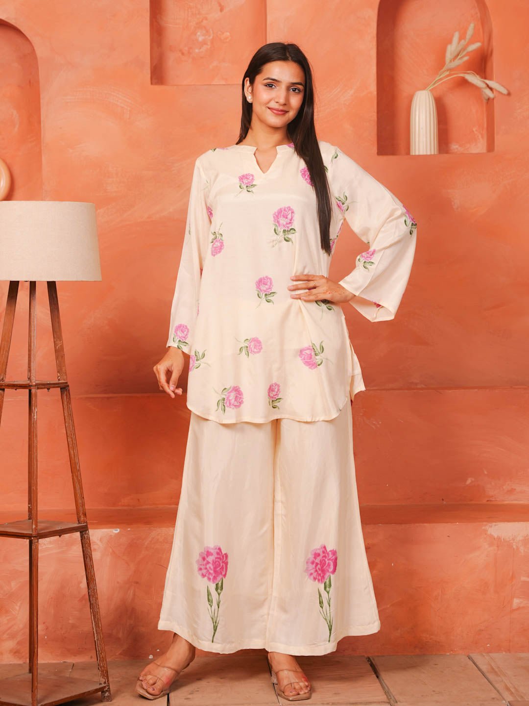 White Rose Print Shantung Silk Co-Ord Set