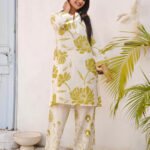 Cream & Green Cotton Slub Kurta Set