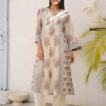Cream & Reddish Flower Mul Chanderi Kurta Set