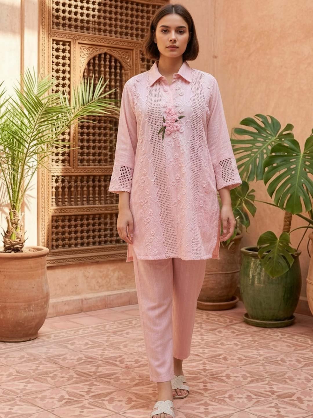 Baby Pink Cotton Handwork & Embroidered Co-Ord Set