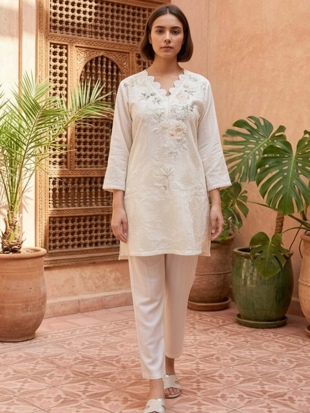 Cream Cotton Handwork & Embroidered Co-Ord Set