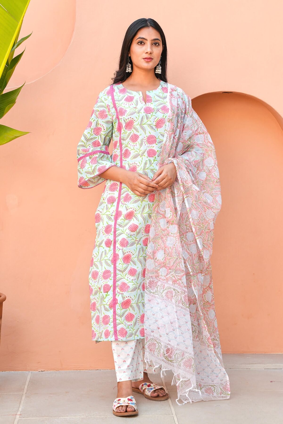 Milky Blue & Pink Cotton Handblock Suit Set