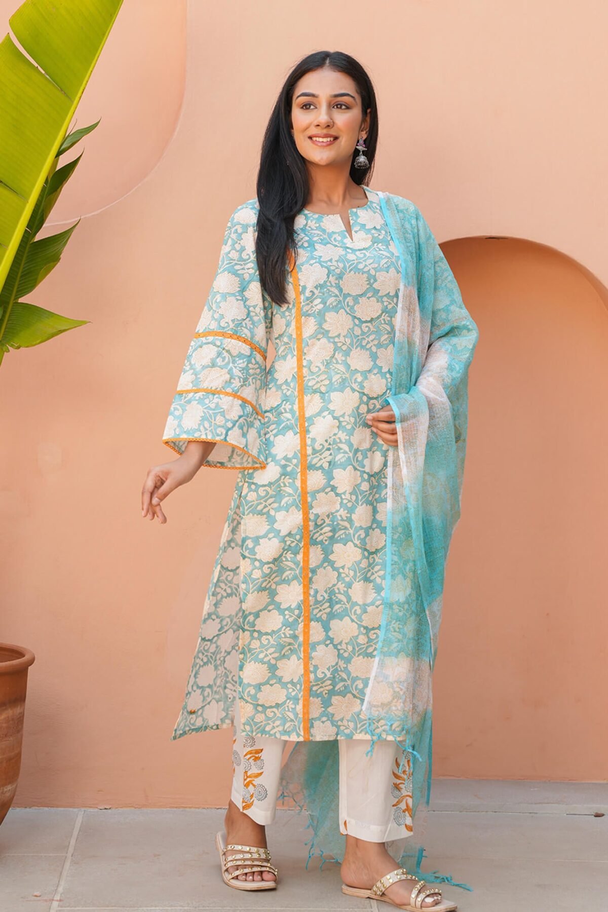 Aquatic Blue Cotton Handblock Suit Set