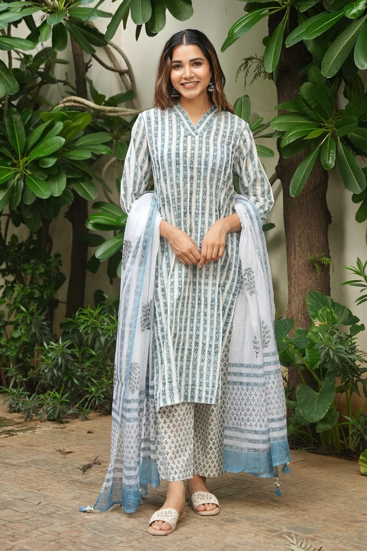 Allure Blue And White Cotton Handblock Suit Set