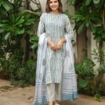 Allure Blue And White Cotton Handblock Suit Set