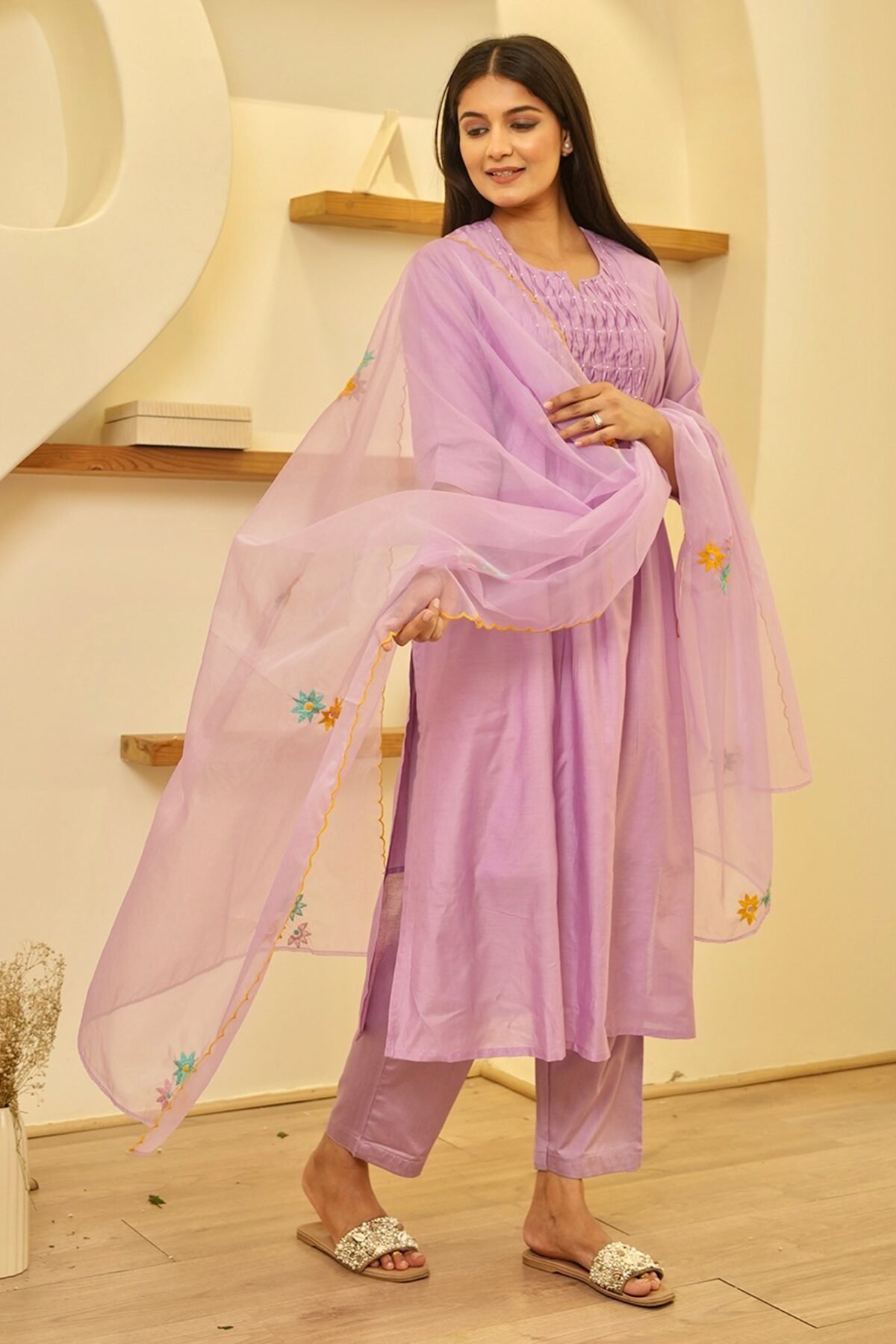 Lilac Chanderi Suit Set With Smocking Work