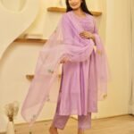 Lilac Chanderi Suit Set With Smocking Work
