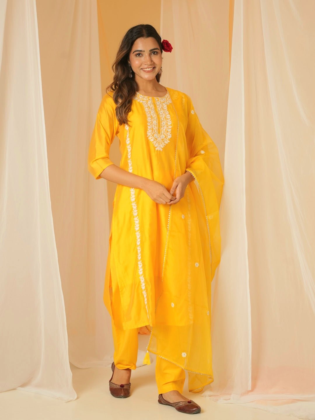 Yellow Chanderi Suit Set With Embroidery