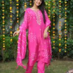 Pink Handwork Suit Set With Bandhej Work