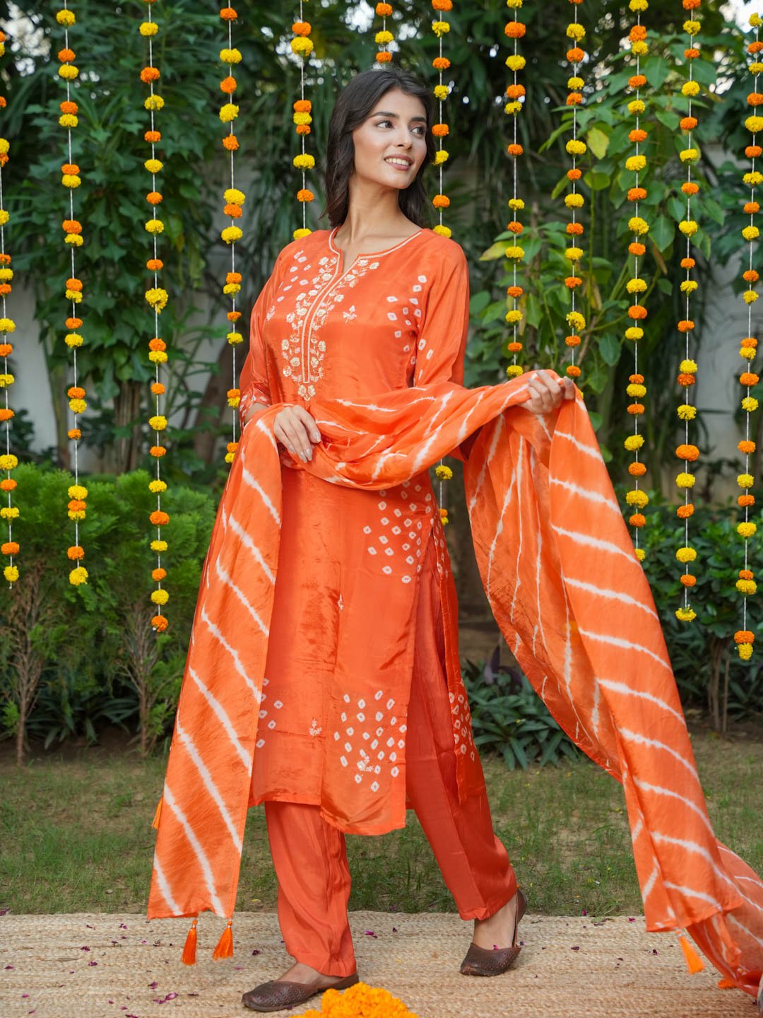 Orange Handwork And Bandhej Work Suit Set