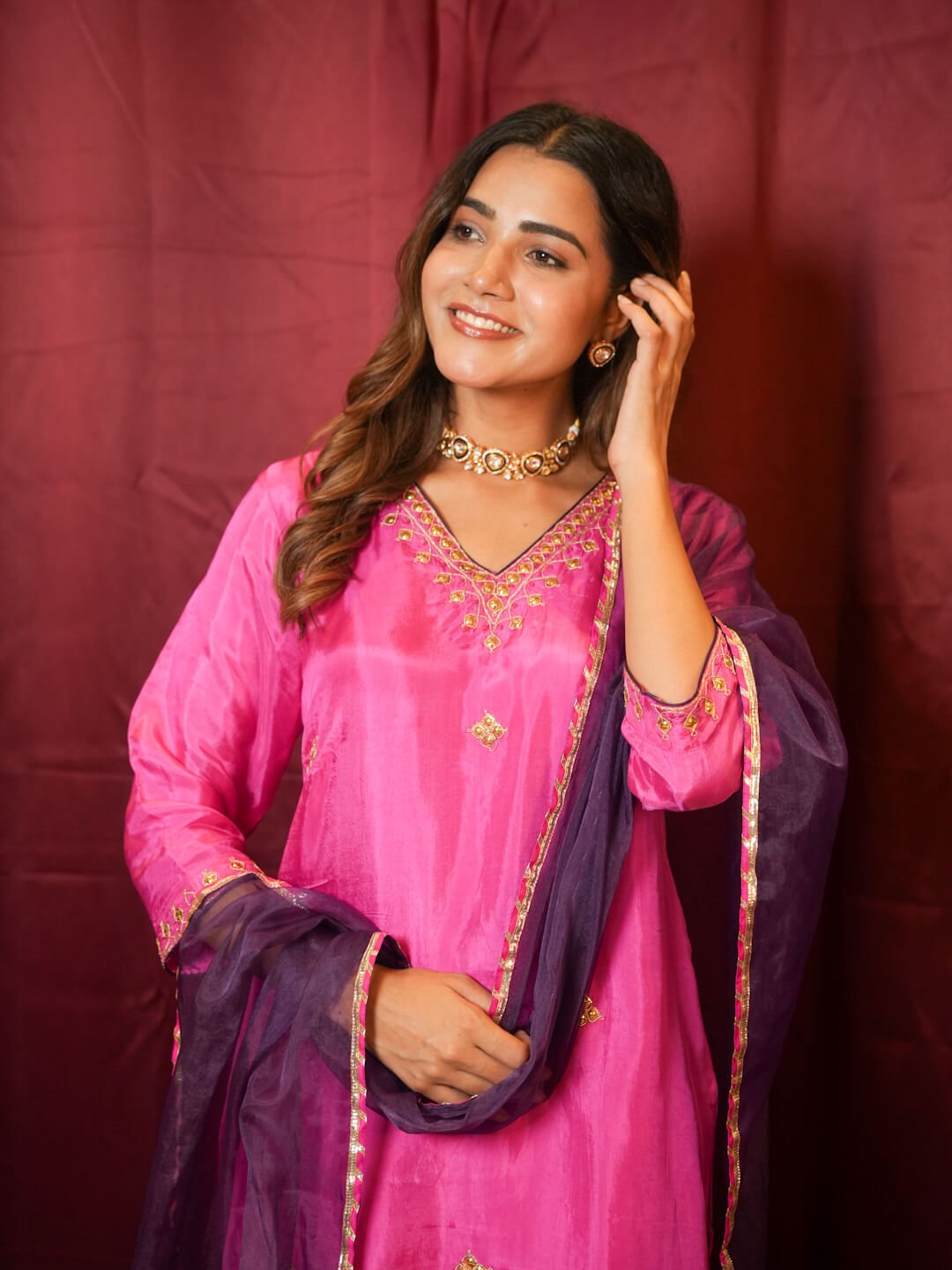 Pink Dabka Work Suit Set With Organza Dupatta