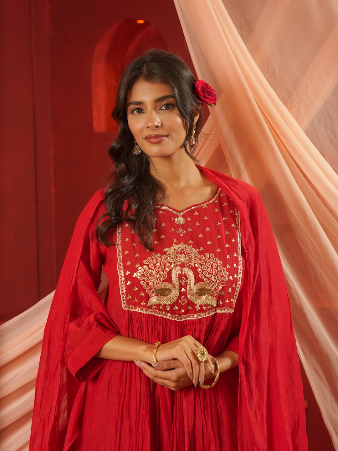 Red Mul Chanderi Suit Set With Heavy Work On Neck