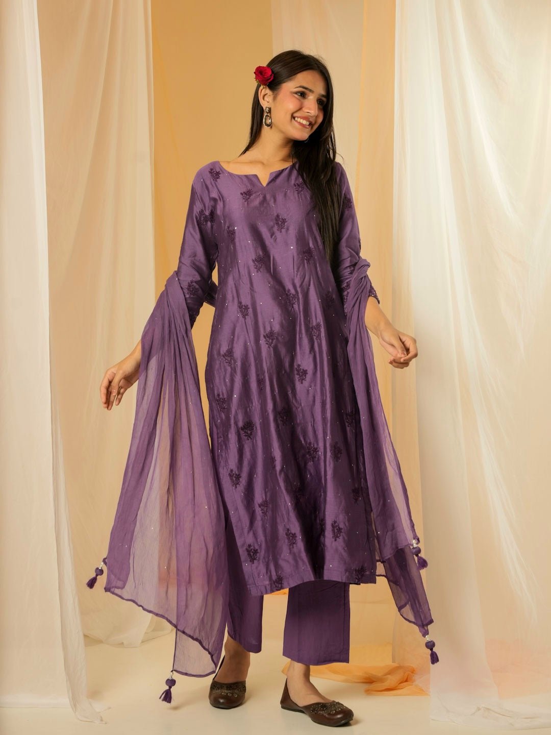 Plum Purple Chanderi Suit Set With Embroidery