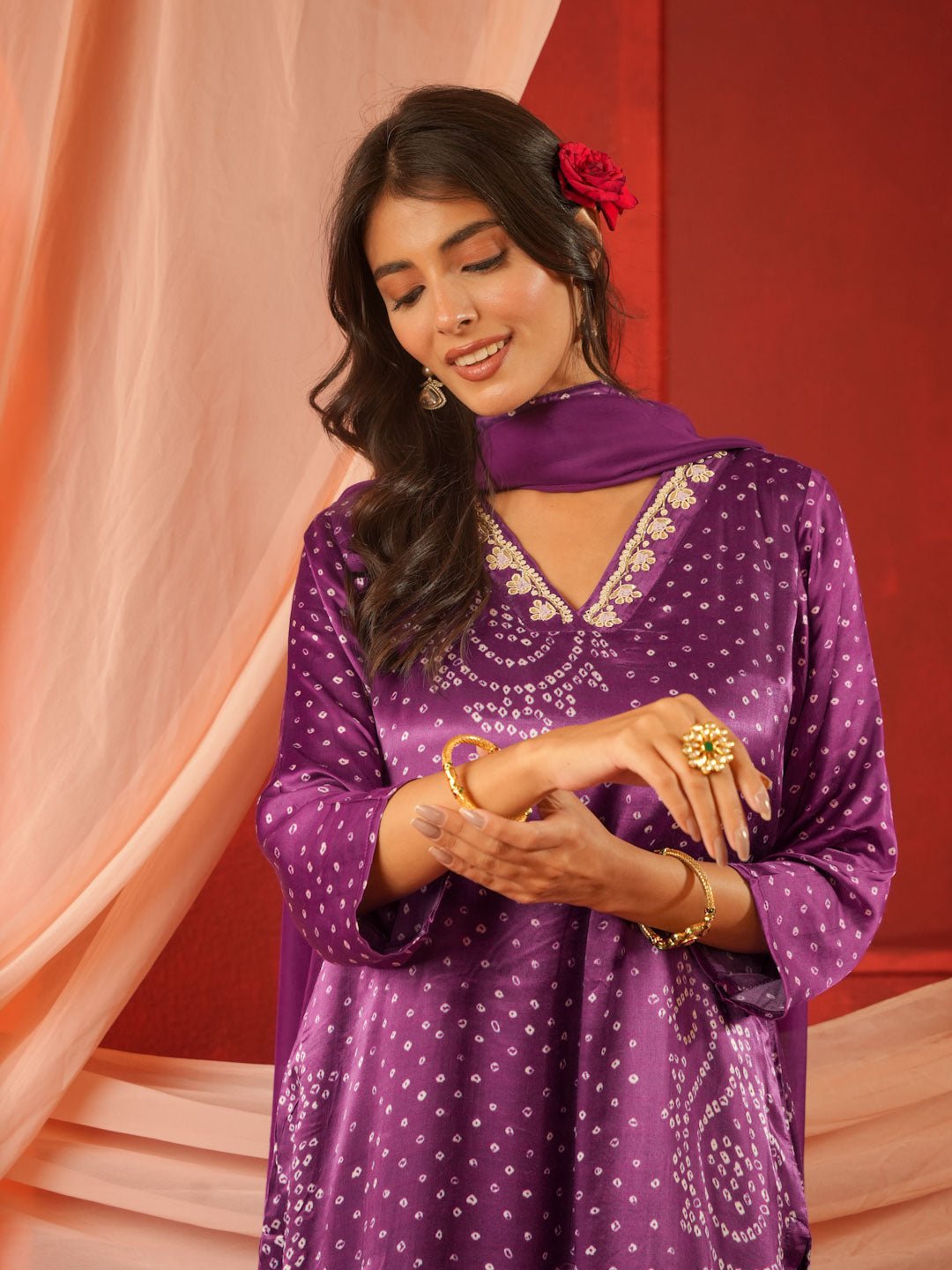 Violet Bandhej Print Suit Set With Organza Dupatta