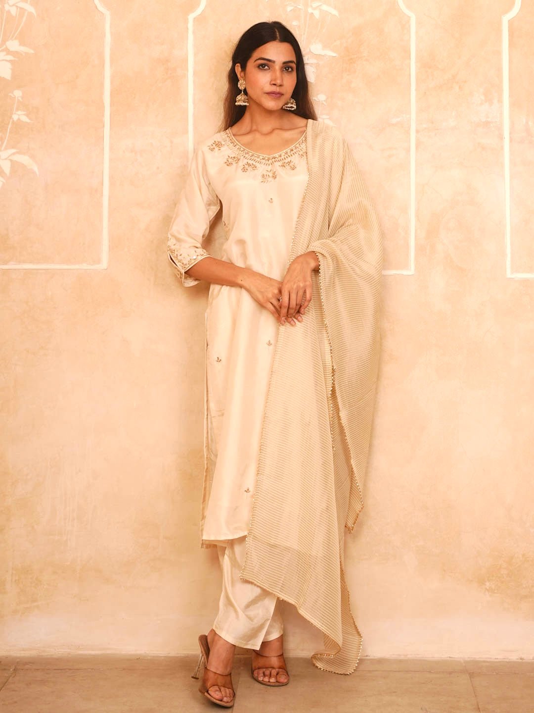 Cream Handwork Suit Set With Stripped Dupatta
