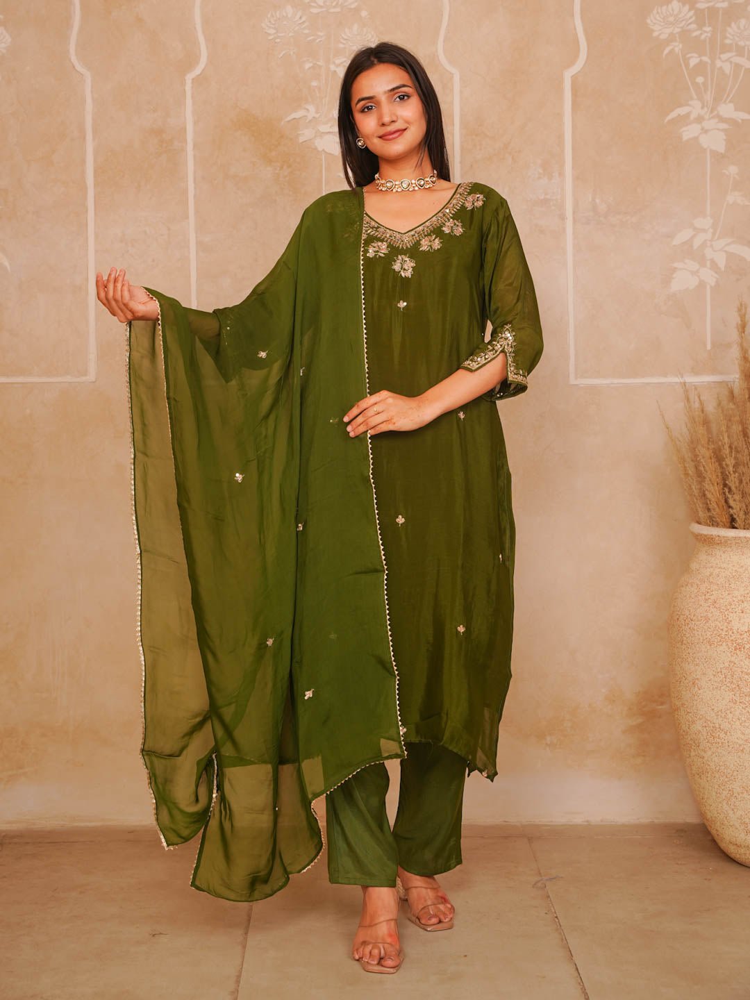 Moss Green Handwork Suit Set With Organza Dupatta